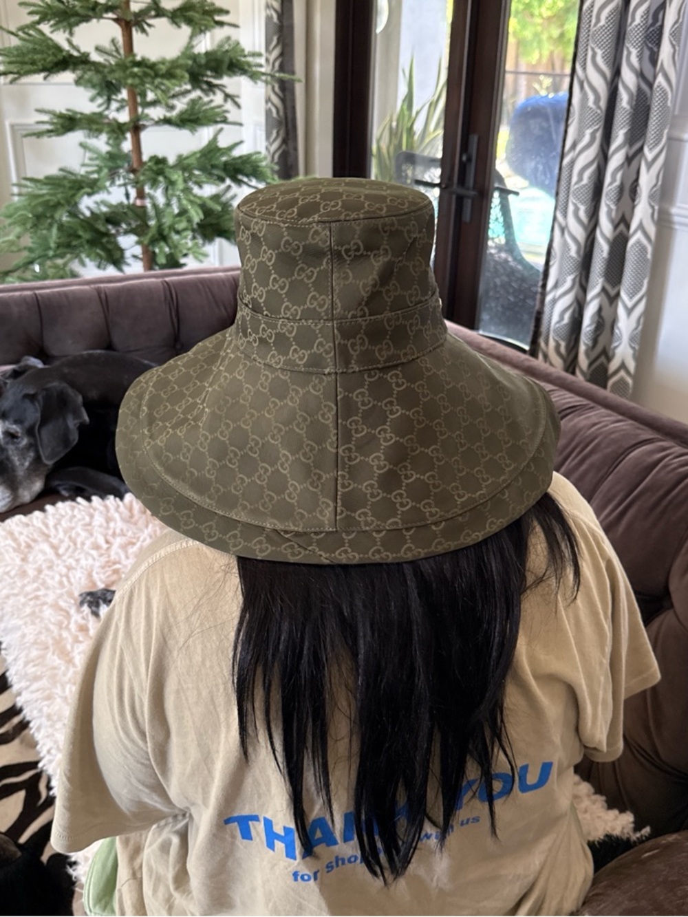 Gucci Olive GG Canvas Wide-Brim Bucket Hat with Gold GG Charm - Picture 9 of 11